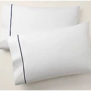 Ralph Lauren Palmer Percale King Pillowcase Set 2 White Polo Navy Organic Cotton